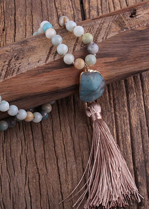 Boho Necklace, RH Amazonite Jasper, Moon Stone, Green Brown, Pink